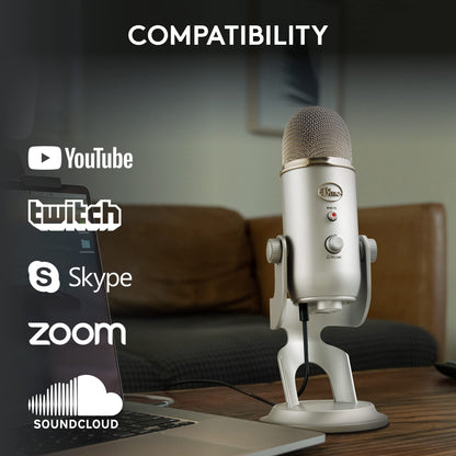 Logitech Creators Blue Yeti USB Microphone for PC, Mac, Gaming, Recording, Streaming, Podcasting, Studio and Computer Condenser Mic with Blue VO!CE Effects, 4 Pickup Patterns, Plug and Play - Silver