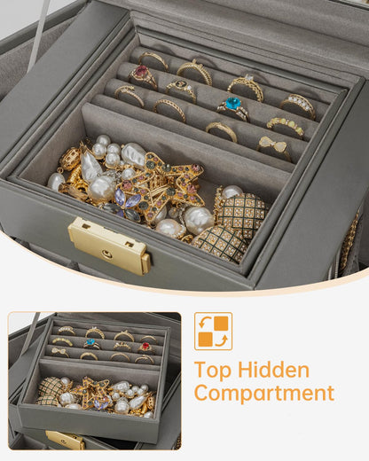 AKOZLIN Caja Organizadora de Joyas de Cuero de 4 Niveles (Gris Oscuro)