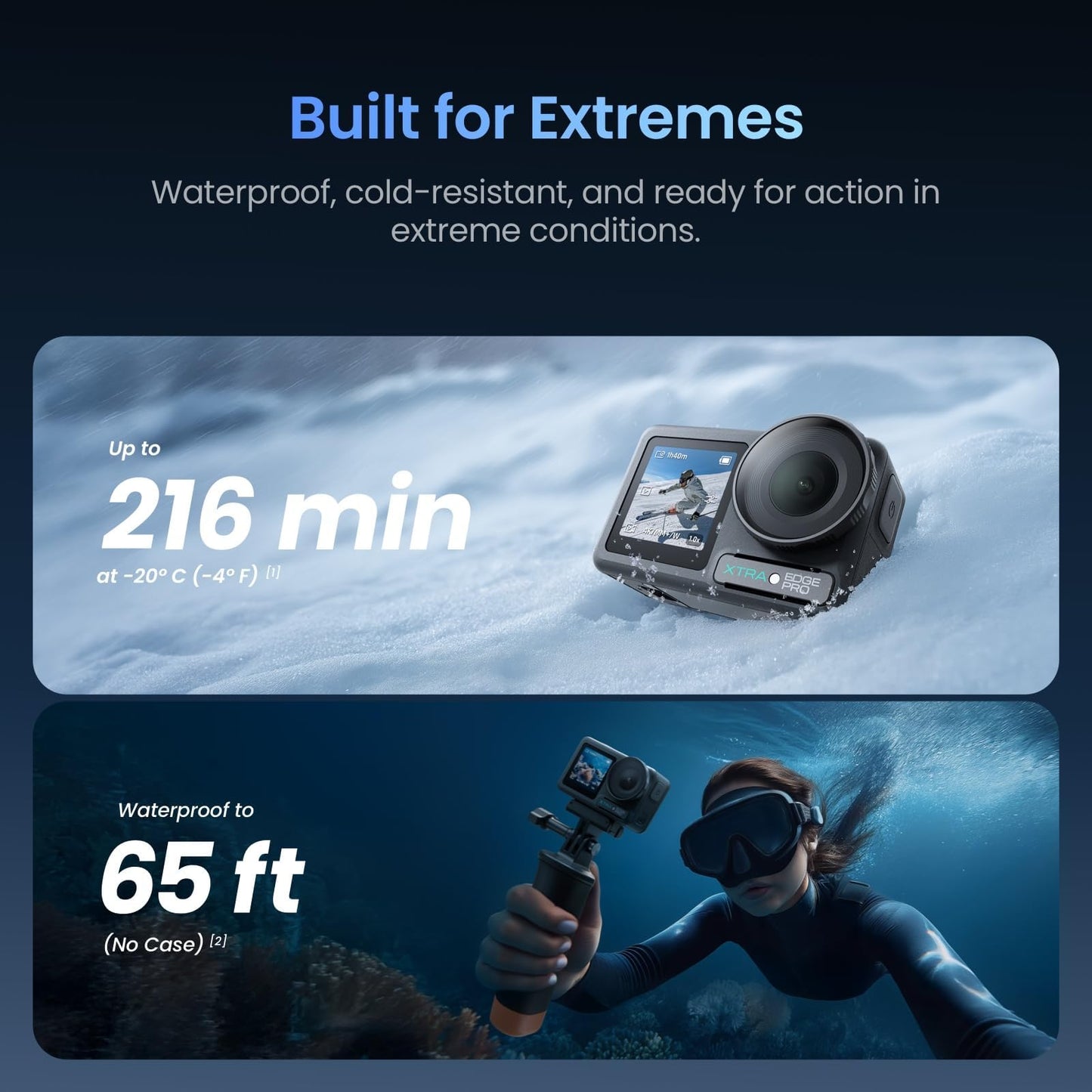 Xtra Edge Pro Action Camera - 1/1.3" Sensor, 65ft Waterproof, 216-Min Battery, 4K/120fps Night Video, Smart Tracking, 32x Slow Motion for Outdoor Sports Vlogging Camera