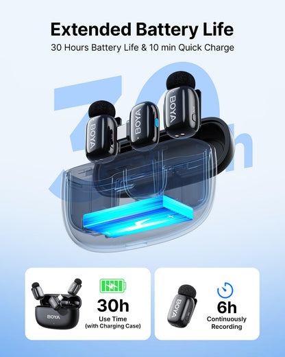 BOYA mini 2 Wireless Lavalier Microphones for iPhone 15/16/17 & Android, AI Noise Cancellation, App Control, 30H Battery Life with Charging Case, Lapel Microphone Wireless for Video Recording Vlogging