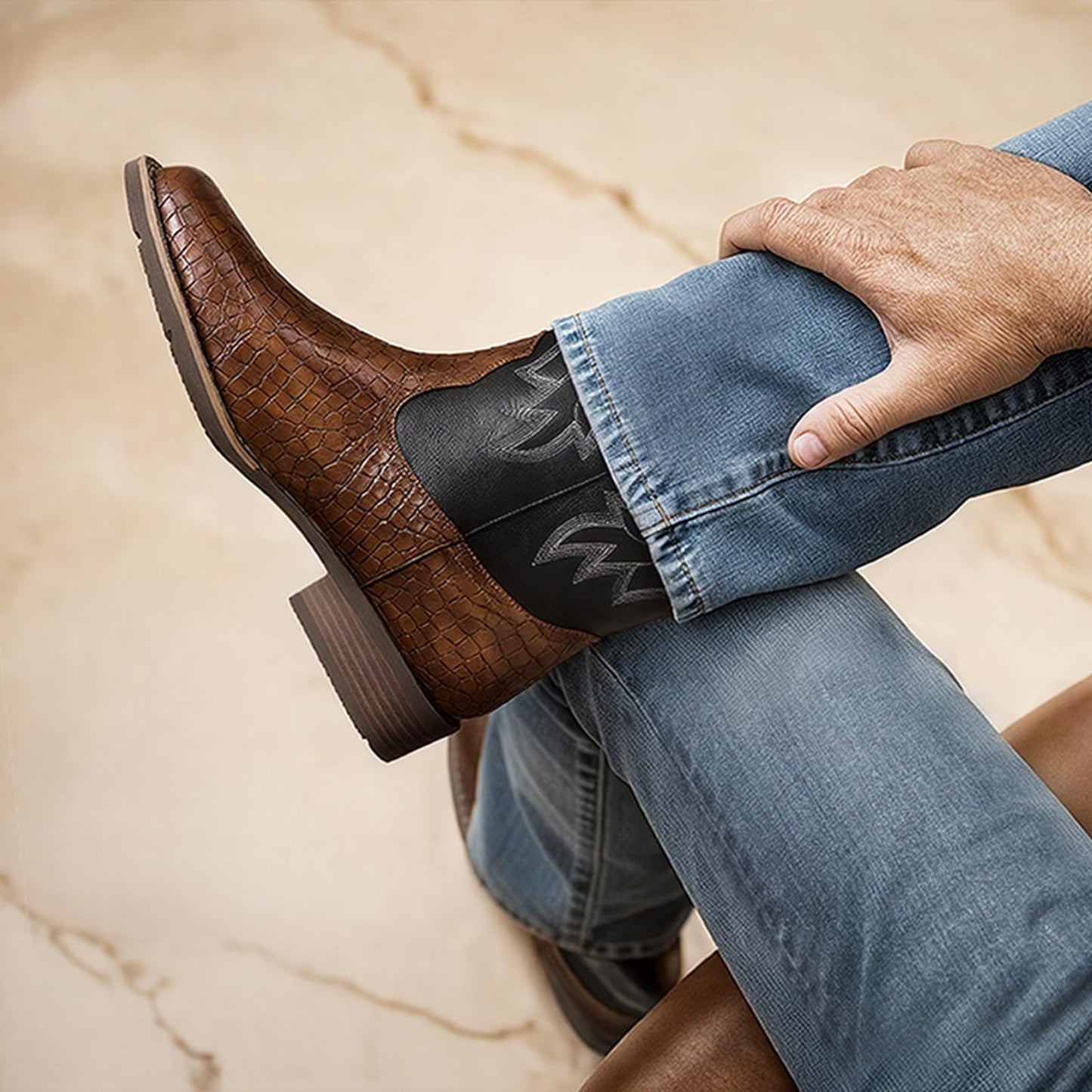 Lumeheel Cowboy Boots for Men - Western Square Toe Men's Dark Brown Boots with Classic Embroidered, Slip on Chunky Heel for Spring Fall