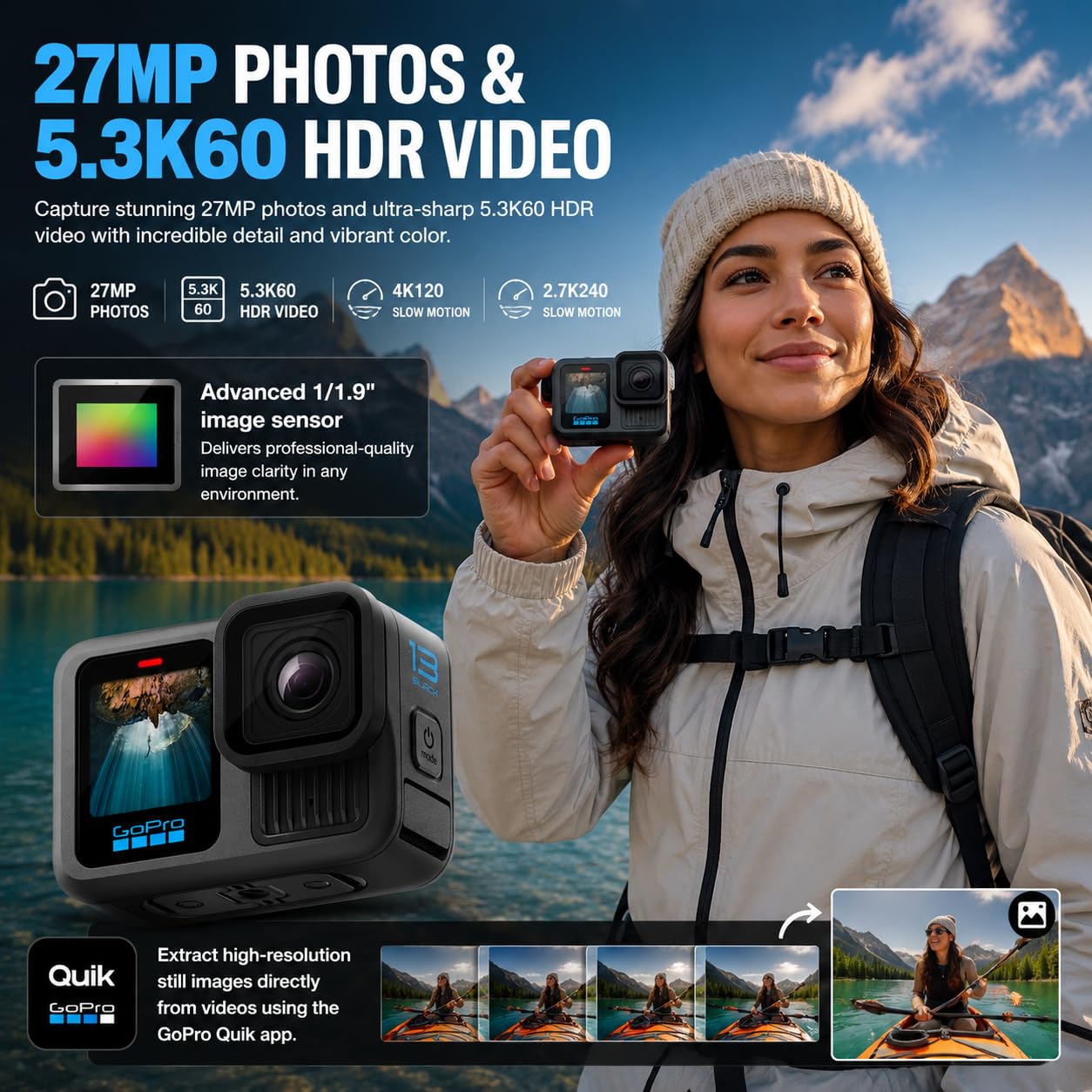 GoPro HERO13 Black Waterproof Action Camera with 5.3K60 Video, 27MP Photos, Enduro 1900mAh Battery, 64GB SanDisk microSD Card, 47-Piece Accessory Kit, 1-Year Warranty