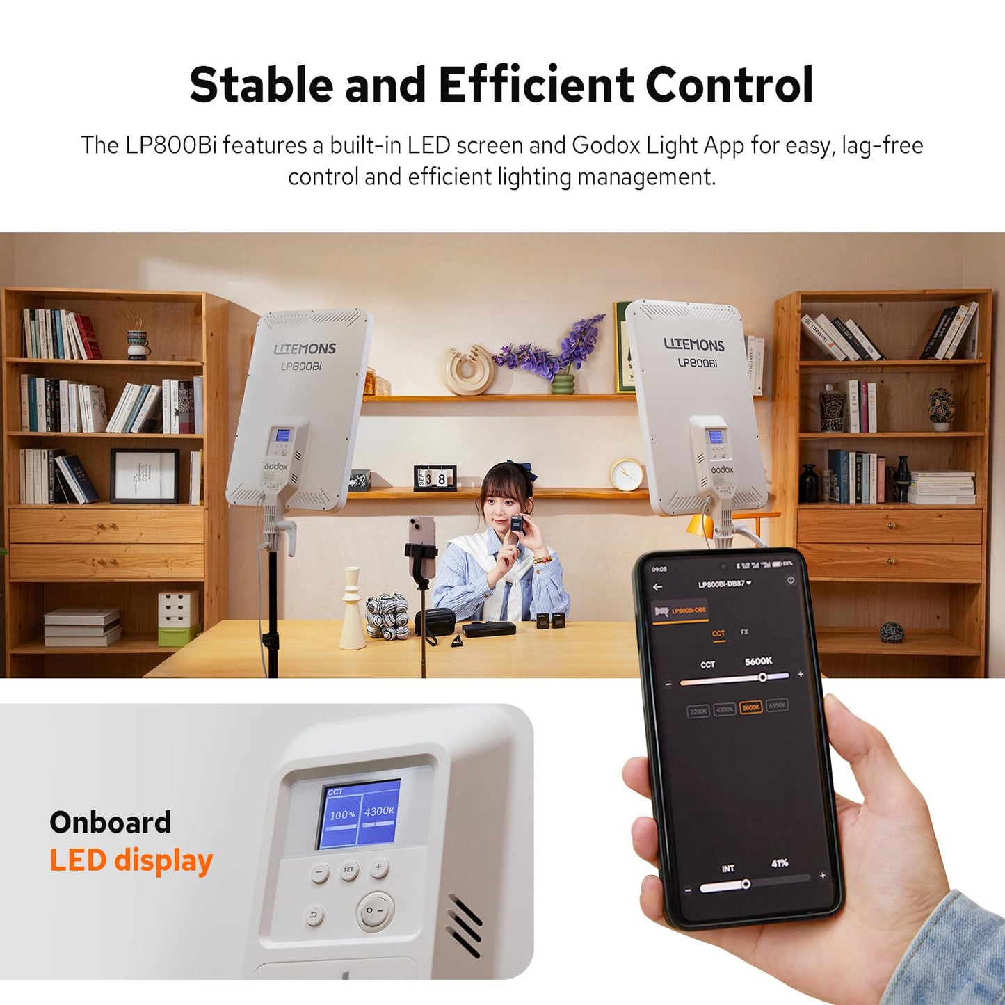 Godox LP800Bi 85W Bi-Color LED Video Light w/Stand, 2800K-6500K, 0-100% Dimmable LED Panel Light, 180°Adjustable Angle, APP Control, CRI96+ TLCI98+, Studio Soft Light for Video Photography
