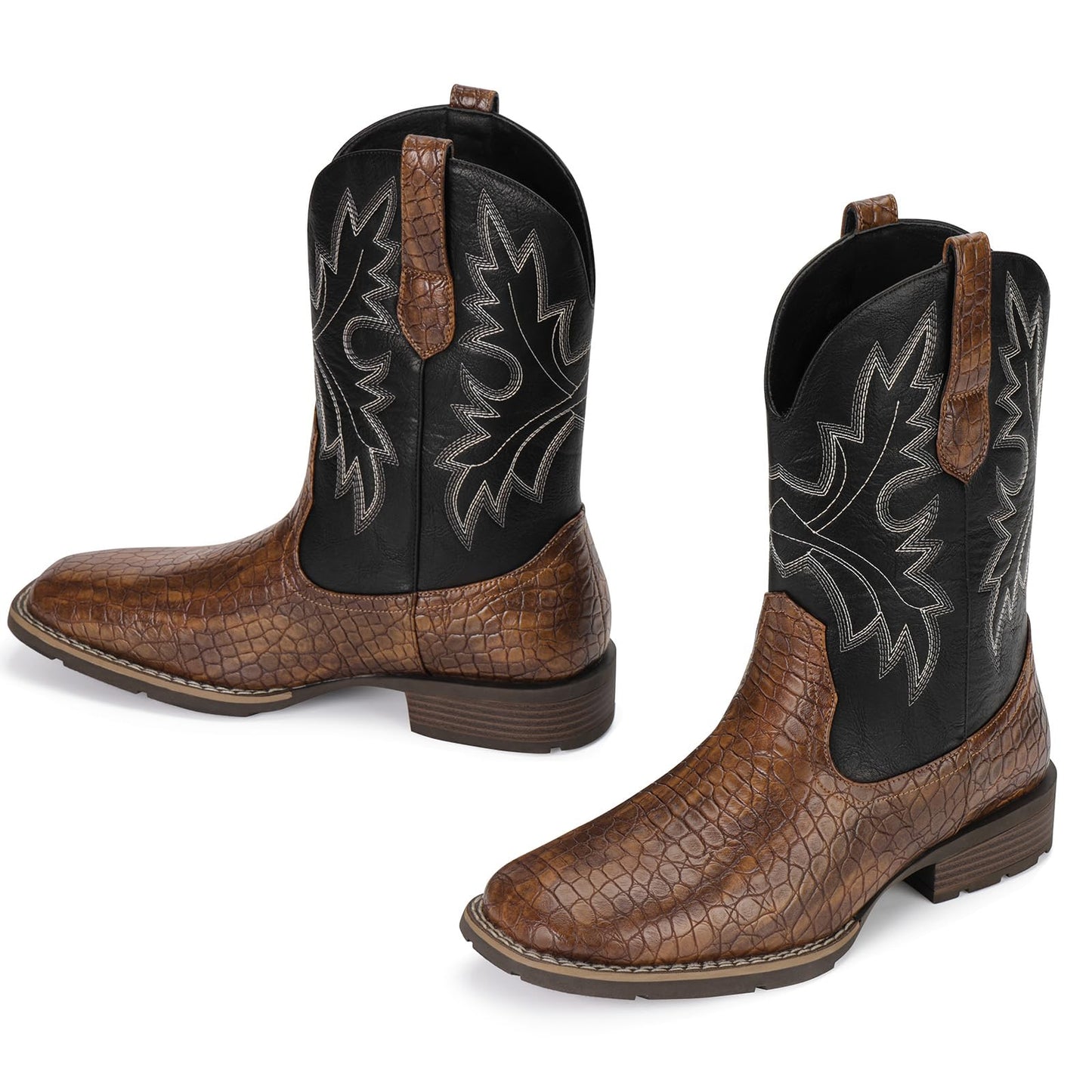 Lumeheel Cowboy Boots for Men - Western Square Toe Men's Dark Brown Boots with Classic Embroidered, Slip on Chunky Heel for Spring Fall