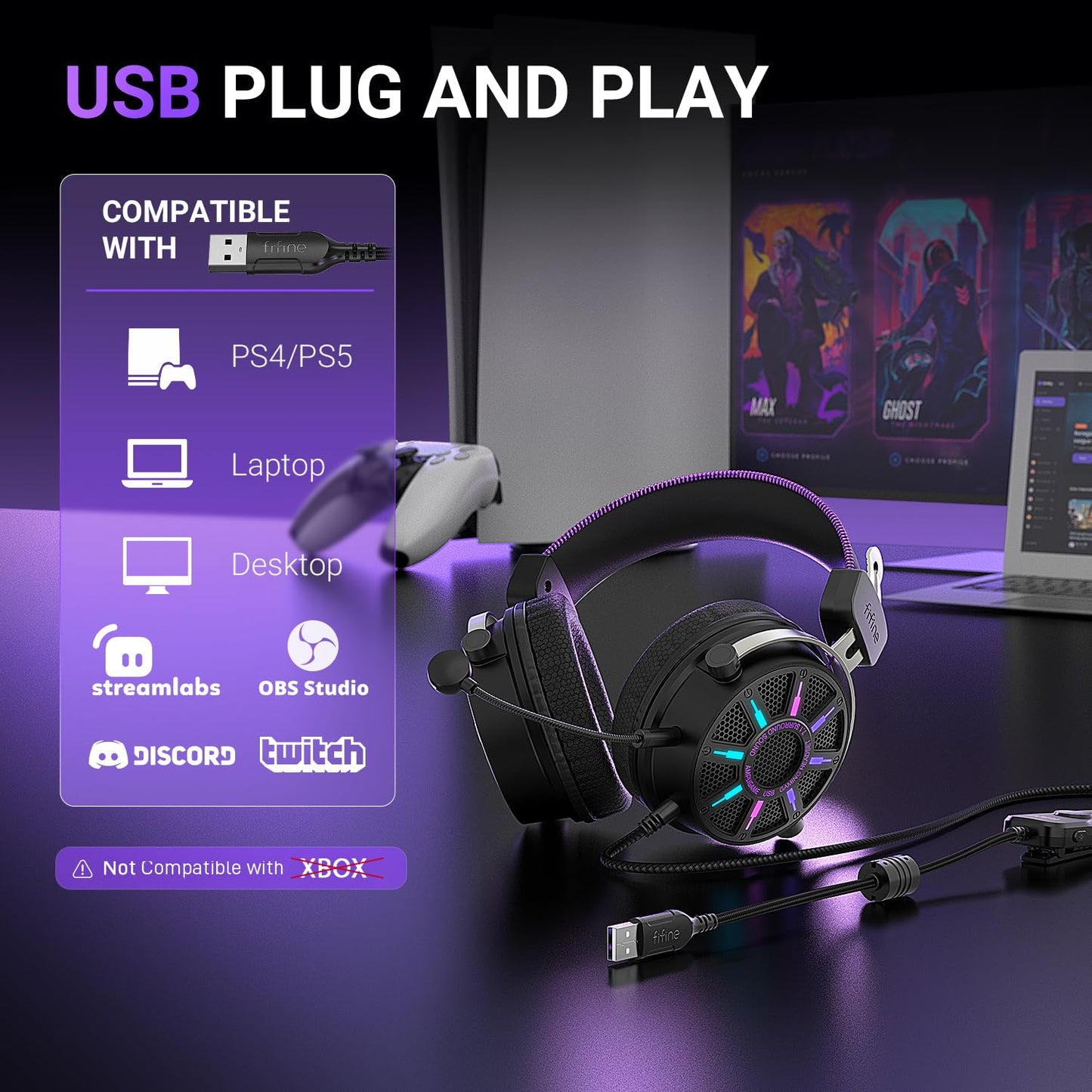 FIFINE Wired Open Back Gaming Headset, Open Acoustic Audio, Breathable Mesh Fabric, 7.1 Surround Sound, Vibrant RGB, USB Control Box, Over-Ear Headphone with Mic for PC, PS5/PS4, Laptop, Mac - H19BP