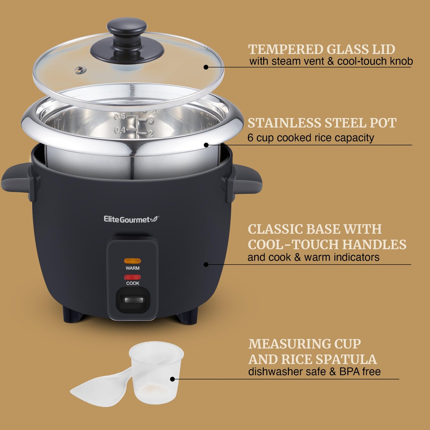 Elite Gourmet Olla Arrocera Eléctrica de 6 Tazas (Negro)