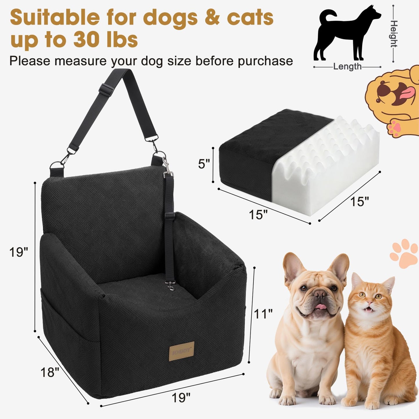 JOEJOY Asiento de Coche para Perros de hasta 35lbs (Negro)