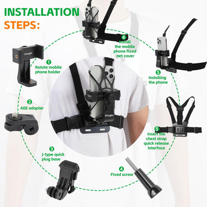 KINGKI Mobile Phone Chest Strap Harness Mount Head Strap Holder Kit for POV/VLOG,Cell Phone Clip Compatible with iPhone,Samsung,GoPro Hero 12, 11,10, 9, 8, AKASO,DJI Osmo,and Action Cameras…