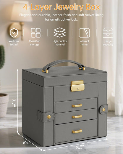 AKOZLIN Caja Organizadora de Joyas de Cuero de 4 Niveles (Gris Oscuro)