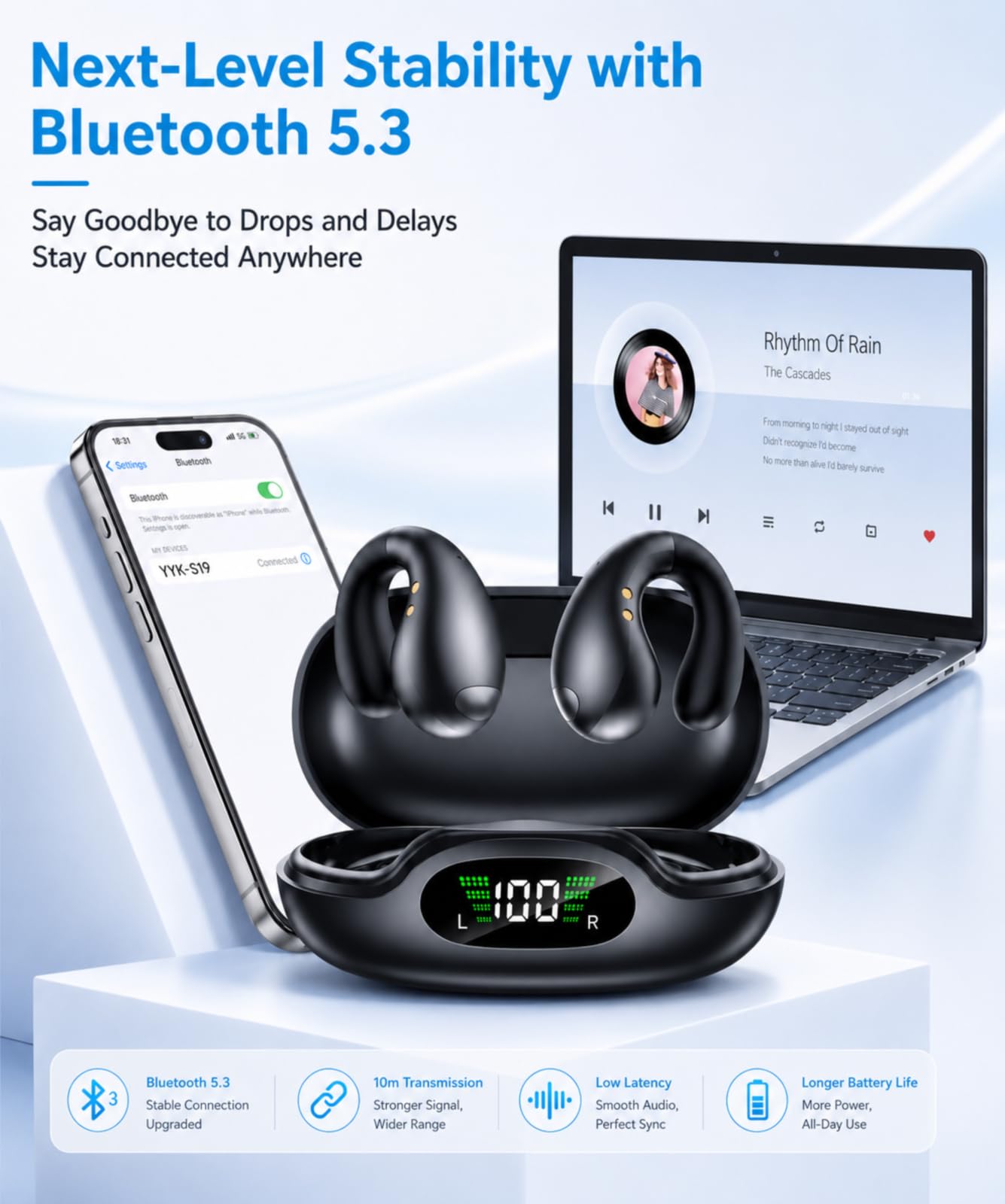 Boytond Ultra Open Ear Earbuds - Comfortable Clip-On Bone Conduction Earbuds, Over-The-Ear Open Headphones with Waterproof Build for Running, Gym Workouts, and Outdoor Sports, Onyx Black