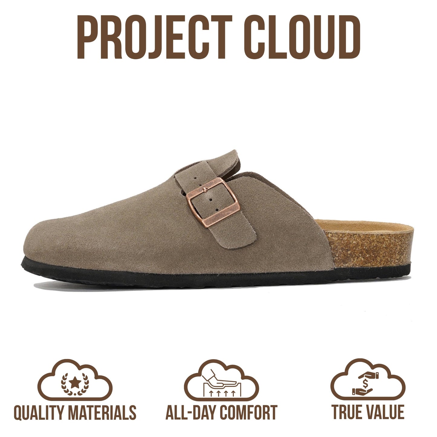 Project Cloud Mens Clogs - 100% Full Grain Genuine Leather Clogs for Men with Memory Foam Insole and Arch Support Natural Cork Footbed - Non Slip Mules Mens Slippers (Brooklyn, TAUPSUEDE