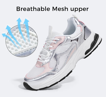 LUCKY STEP Women's Platform Chunky Fashion Sneakers Mesh Casual Running Tennis Workout Sport Work Trendy Athletic Walking Shoes (White/Silver, 8.5 US)