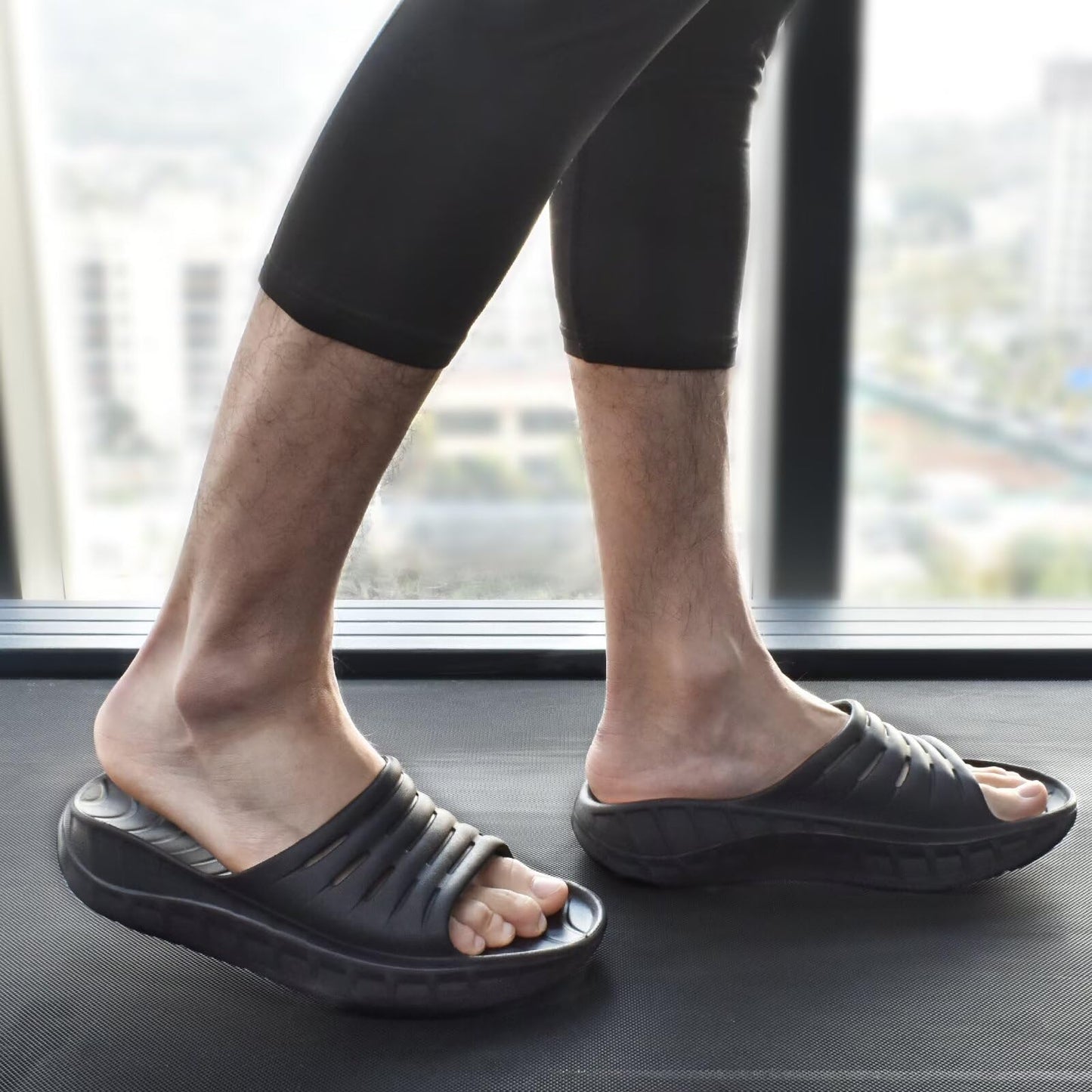 KuaiLu Mens Recovery Sandals Orthotic Arch Support Open Toe Sport Slides Thick Cushion Orthopedic Plantar Fasciitis Slip On Wide Width Summer Pool Beach Waterproof Walking Slippers Black