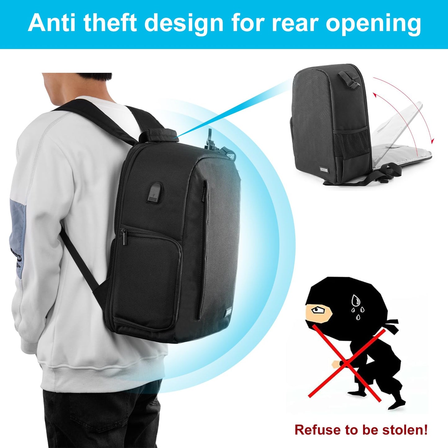 CADeN Camera Backpack Bag for DSLR/SLR Mirrorless Camera Waterproof with 15.6 inch Laptop Compartment, USB Charging Port, Tripod Holder, Rain Cover, Camera Case Compatible for Sony Canon Nikon Black L