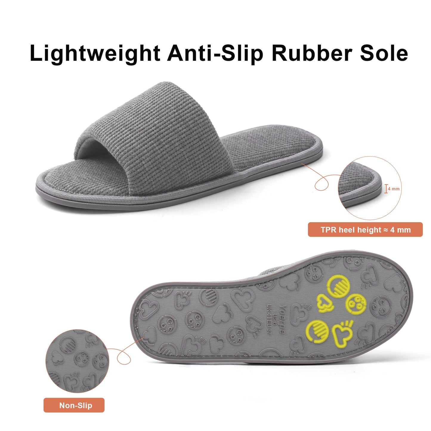 Yoerpe Women's Open Toe House Slippers – Breathable Waffle Fabric, Memory Foam Cushioning, Slip-On Summer Indoor Slippers, Non-Slip TPR Sole, Easy Care, Grey