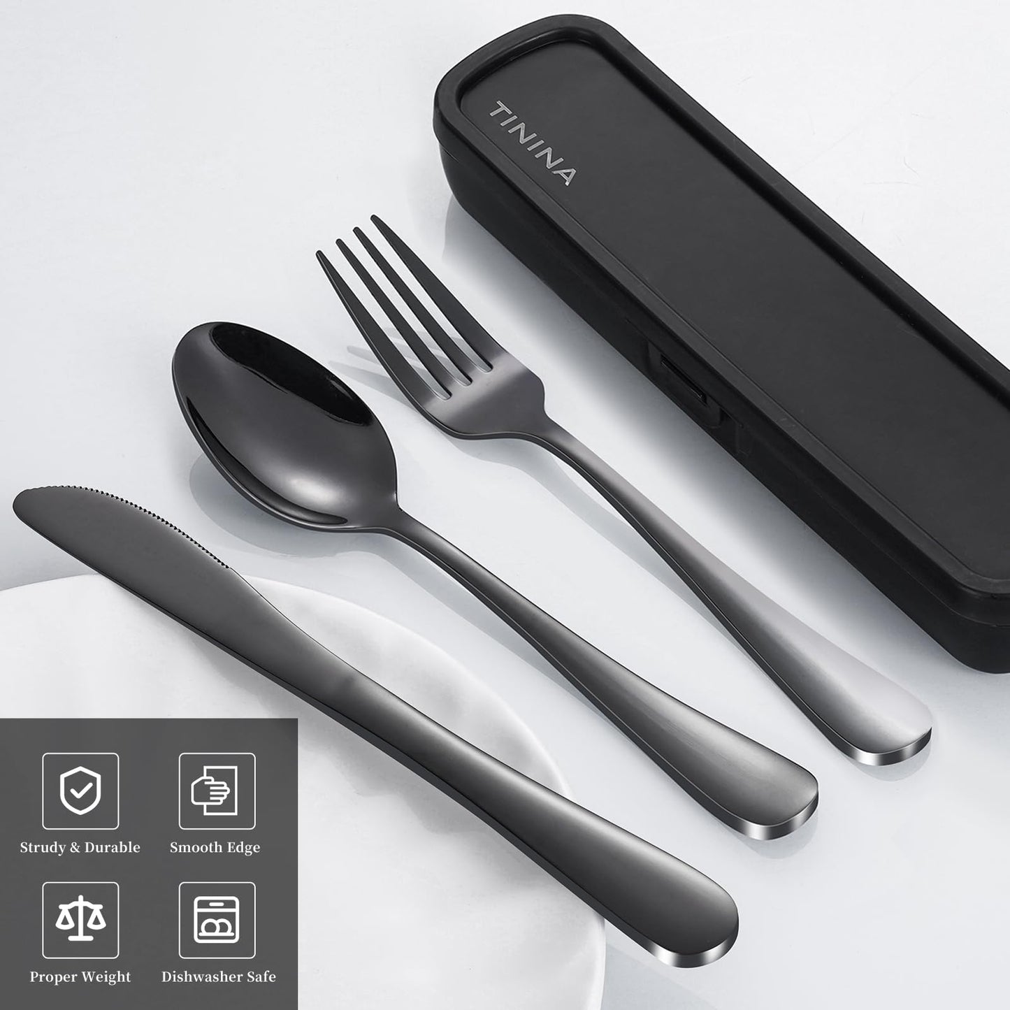 Juego de Utensilios de Viaje Portátiles de Acero Inoxidable (4 Piezas / Negro)
