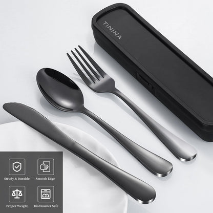 Juego de Utensilios de Viaje Portátiles de Acero Inoxidable (4 Piezas / Negro)