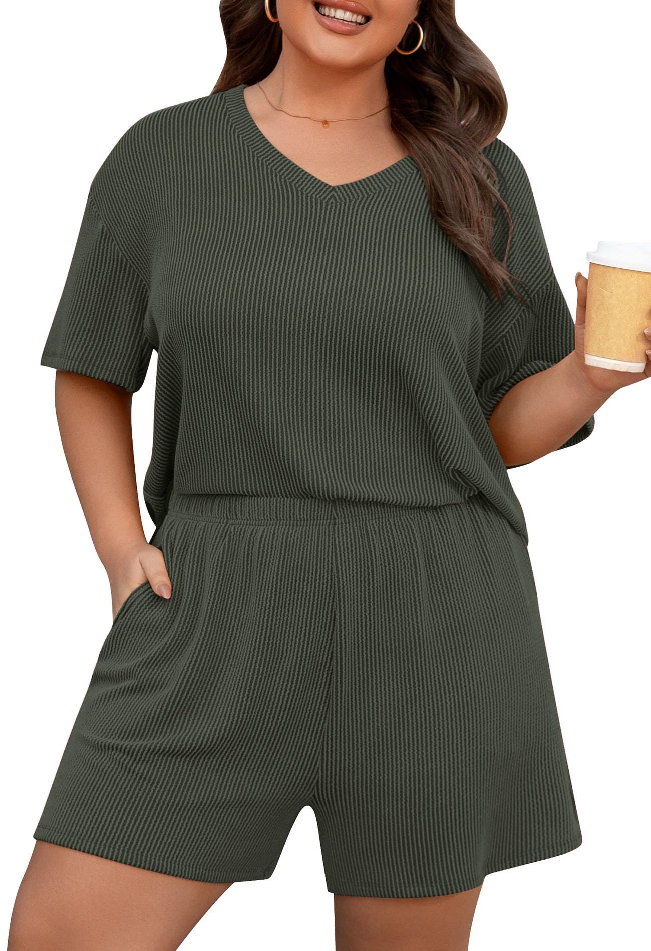 Charmo Conjunto de Dos Piezas con Pantalones Cortos para Mujer (Talla 1X / Verde Ejército)