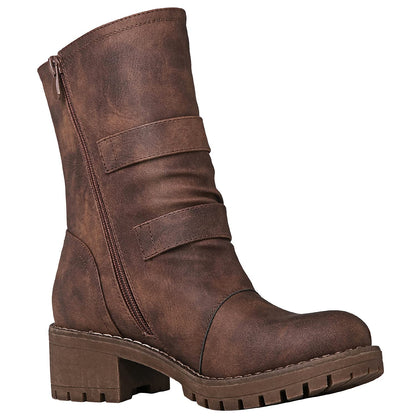 GLOBALWIN Lace up Mid Calf Motorcycle Fashion Festival Boots Combat Riding Military Boots for Women Brown