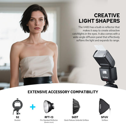 Godox V480-C V480 Flash for Canon, Touchscreen Speedlite, GN50 High Output, USB-C Charging, 1.7s Fast Recycle, 650 Full-Power Flashes, 2.4G Wireless 1/8000s HSS GODOX V480C V480 C TTL Flash Speedlight