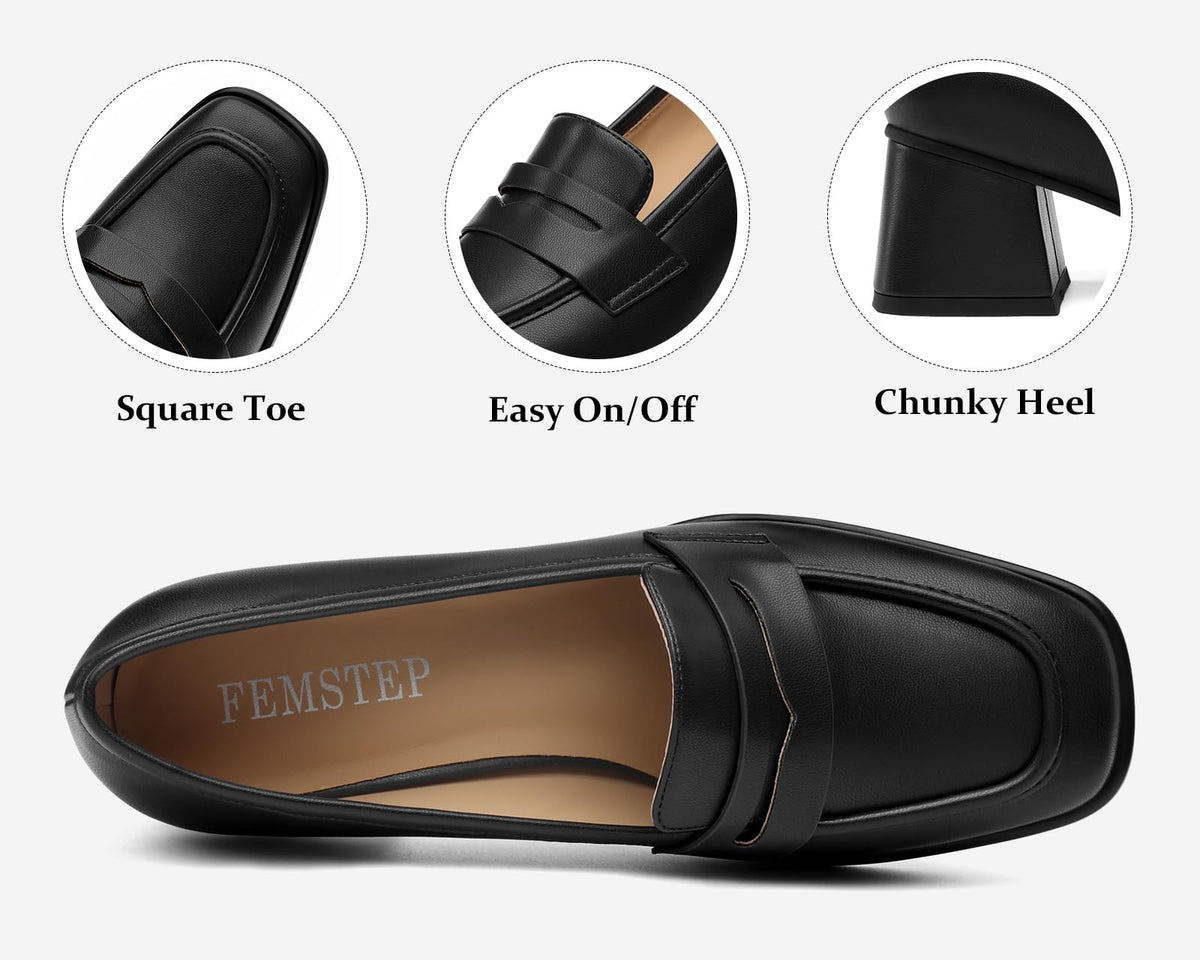 FEMSTEP Womens Loafers, Black Slip on Chunky Heels Loafer Pumps Platform Square Toe Penny Loafers Comfortable Business Casual Work Dress Shoes for Women Formal Office