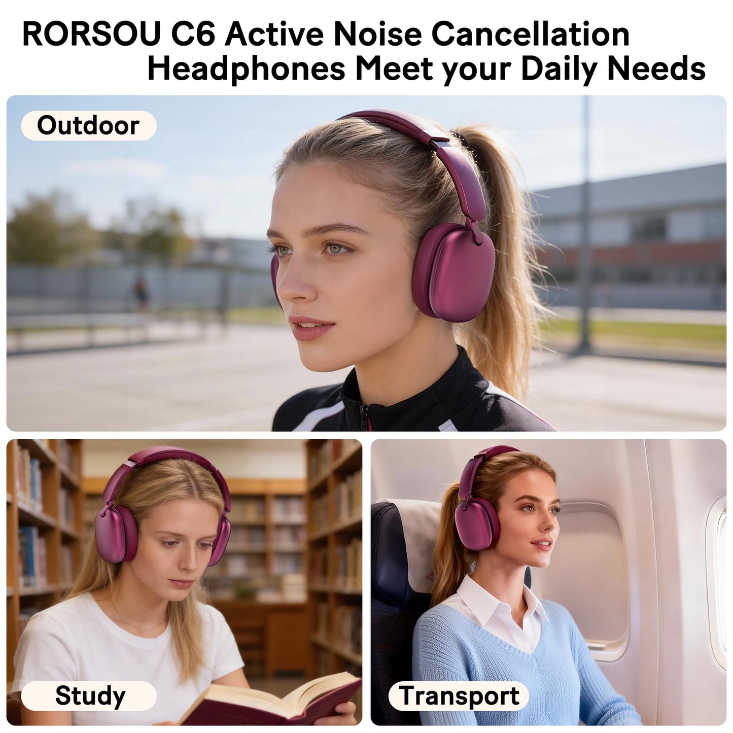 RORSOU C6 Audífonos Inalámbricos con Cancelación Activa de Ruido (Red)