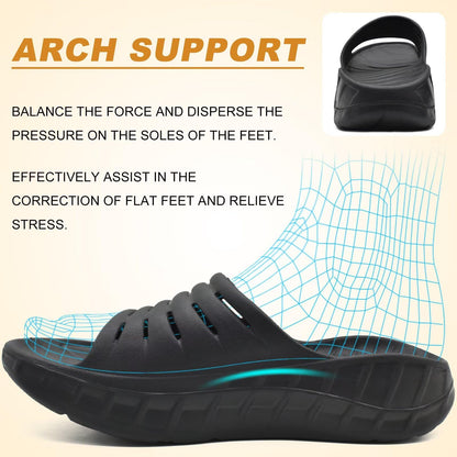 KuaiLu Mens Recovery Sandals Orthotic Arch Support Open Toe Sport Slides Thick Cushion Orthopedic Plantar Fasciitis Slip On Wide Width Summer Pool Beach Waterproof Walking Slippers Black