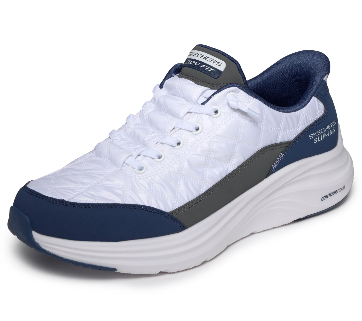 Skechers Men's Contour Foam Cozy Fit Hands Free Slip-in Sneaker, White/Navy
