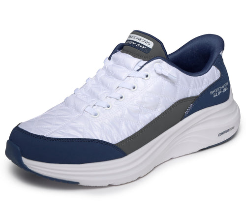Skechers Men's Contour Foam Cozy Fit Hands Free Slip-in Sneaker, White/Navy
