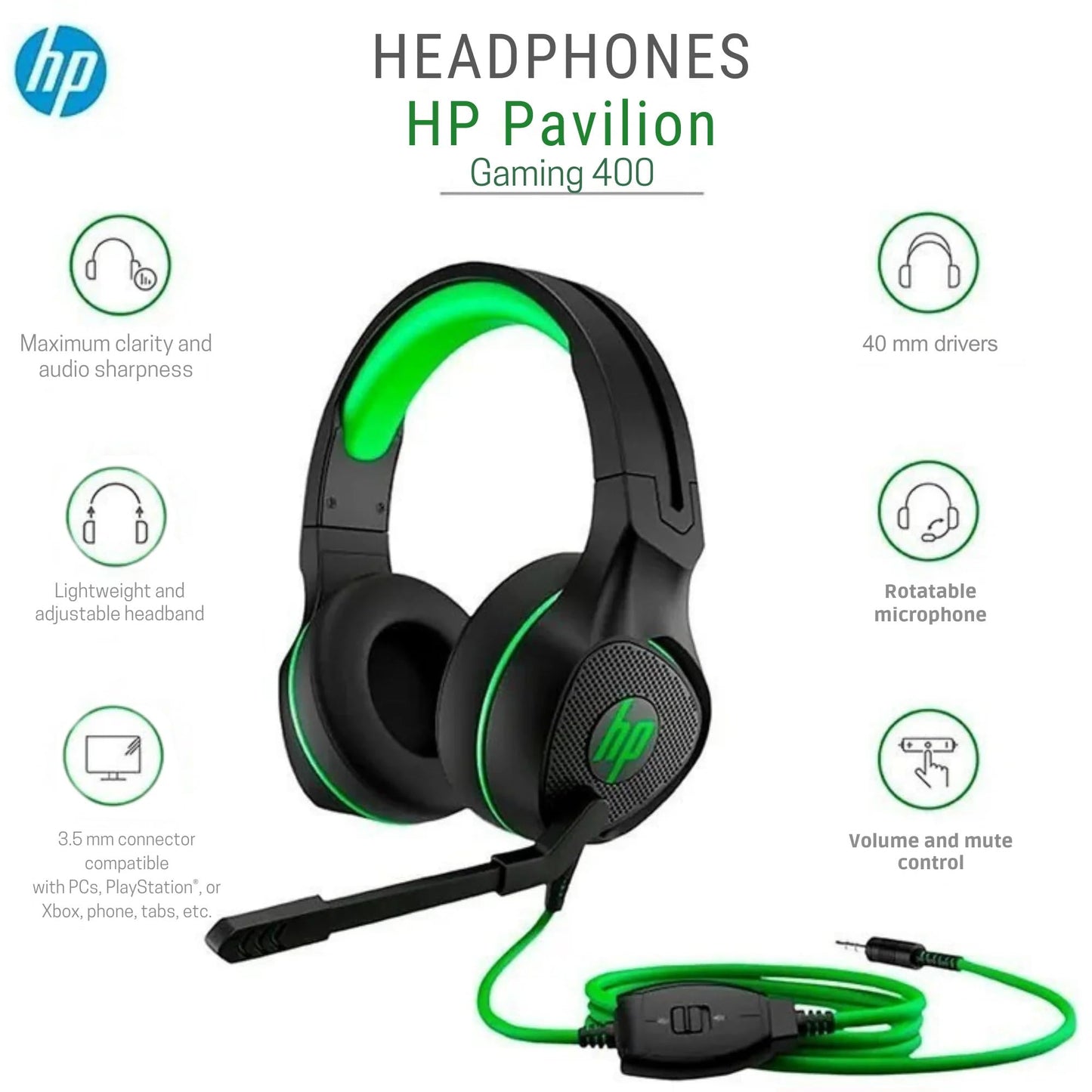 HP Pavilion Gaming Headset 400 with Mic – Immersive Sound, Universal Compatibility, Plug & Play
