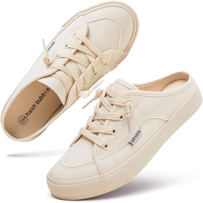 hash bubbie Women's Mules Comfortable Slip on Sneakers Tennis Shoes Summer Backless Canvas Shoes Close Toed Sandals（Beige, US7）