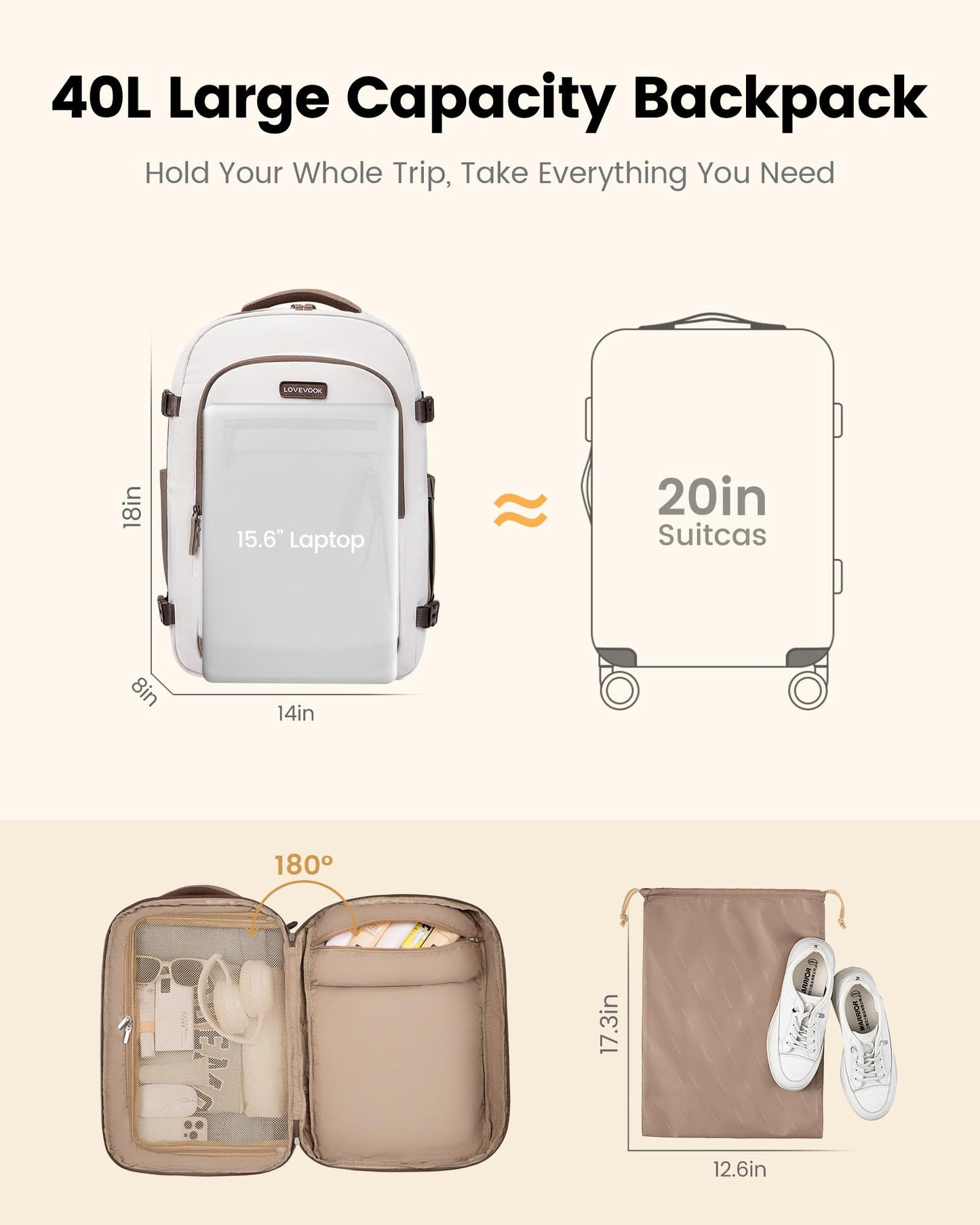 LOVEVOOK Mochila de Viaje para Mujer (40L / 15.6")