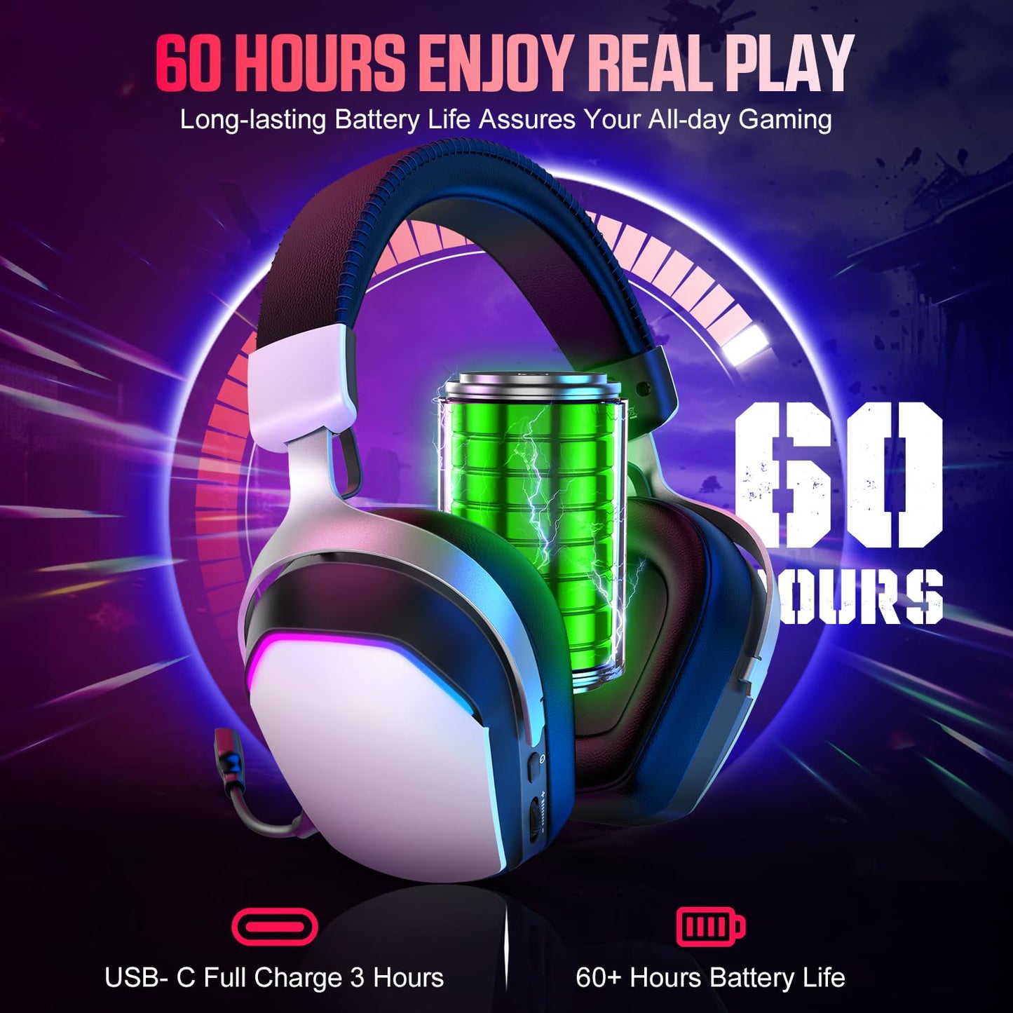 WiseWing Wireless Gaming Headset for PS5 PS4 PC Mac Switch, RGB Headphones with 7.1 Surround Sound, Bluetooth 5.4, 60H Battery, Noise Canceling Mic & 50mm Drivers