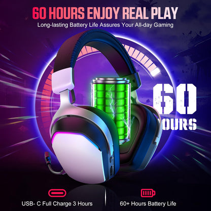 WiseWing Wireless Gaming Headset for PS5 PS4 PC Mac Switch, RGB Headphones with 7.1 Surround Sound, Bluetooth 5.4, 60H Battery, Noise Canceling Mic & 50mm Drivers