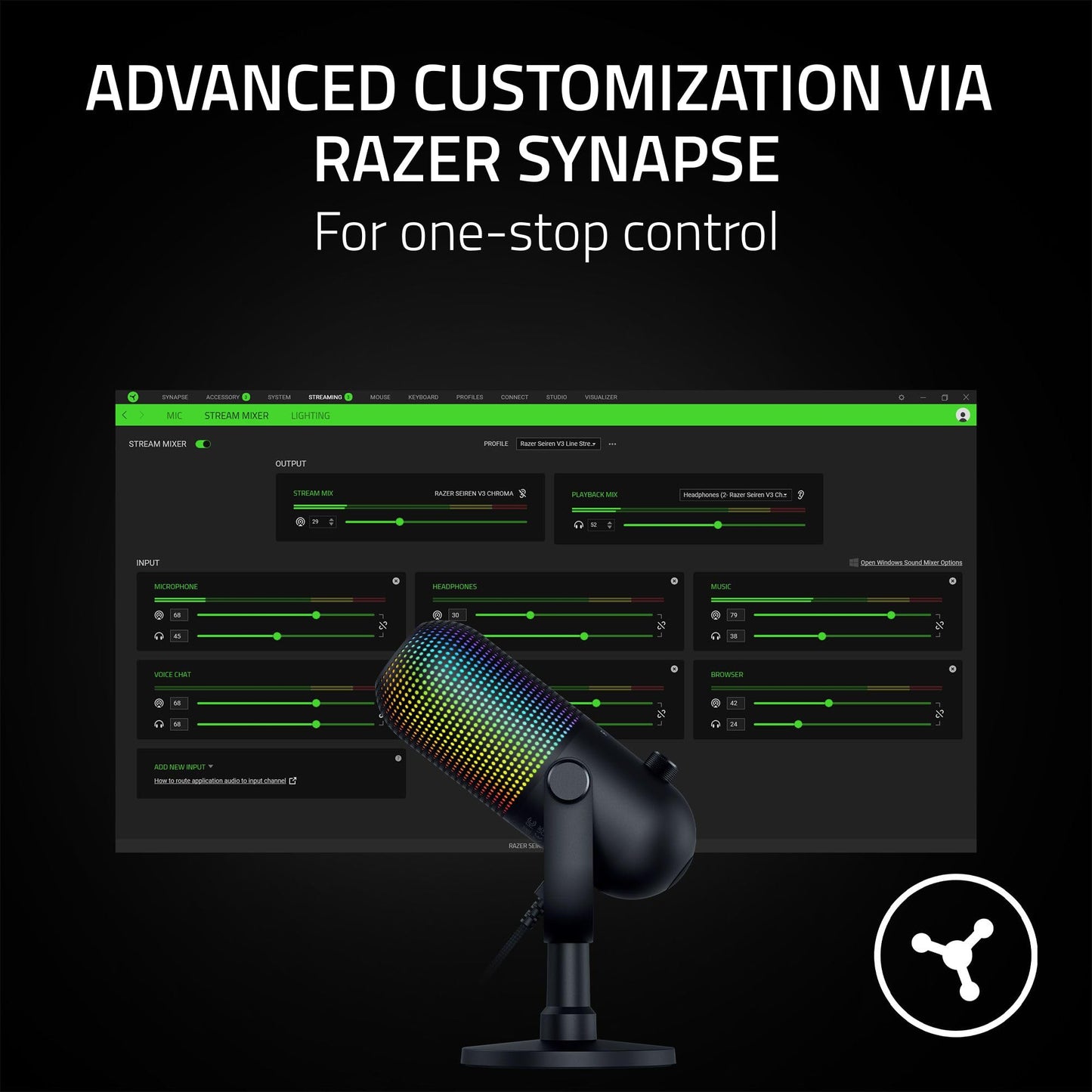 Razer Seiren V3 Chroma RGB USB Microphone: Stream & Game Reactive Lighting - Tap-to-Mute Sensor - Condenser Mic - Digital Gain Limiter & Shock Absorber - PC, Discord, OBS Studio, XSplit - Black