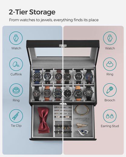SONGMICS Watch Box, 12-Slot Watch Case Organizer with Large Glass Lid, 2 Layers, Removable Pillows, Metal Lock, Gift for Loved Ones, Black Synthetic Leather, Gray Lining UJWB012