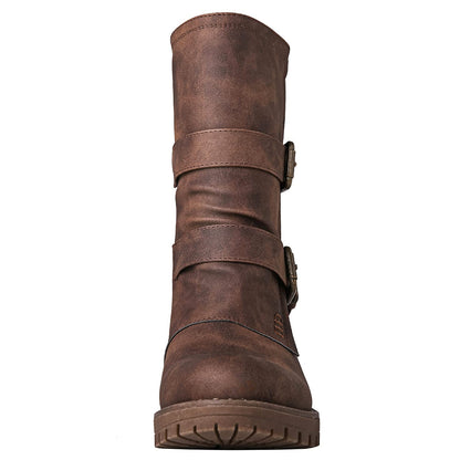 GLOBALWIN Lace up Mid Calf Motorcycle Fashion Festival Boots Combat Riding Military Boots for Women Brown