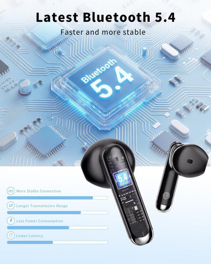 XIAOWTEK Wireless Earbuds, 2026 Bluetooth 5.4 Headphones Bass Stereo Ear Buds with Noise Cancelling Mic, LED Display in Ear Earphones 50H Playtime Ear Buds, IP7 Waterproof for Laptop Pad Phones Black