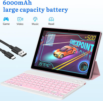 IWEGGO Android 15 Tablet, 10 Inch 18GB RAM+128GB ROM/ 2TB Expandable Tablet, 2.0GHz Quad-core Processor, 1280*800 HD Touch Screen, 5G WiFi6 BT 5.0, 2 in 1 Tablets with Keyboard Case Mouse Stylus Pink