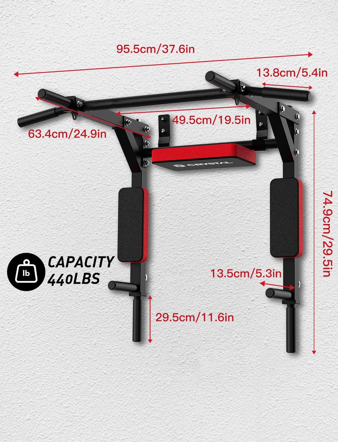 Barra de dominadas y estación de fondos de pared CRYSTAL FIT (Soporta 440 lbs)