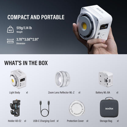 Godox ML80Bi Bi-Color LED Video Light with 6600mAh Battery - 29600Lux@1m, 2800K-6500K, CRI/TLCI 96+, 11 FX Effects, NFC & APP Control for Videography, Vlogging & Filmmaking for Outdoor