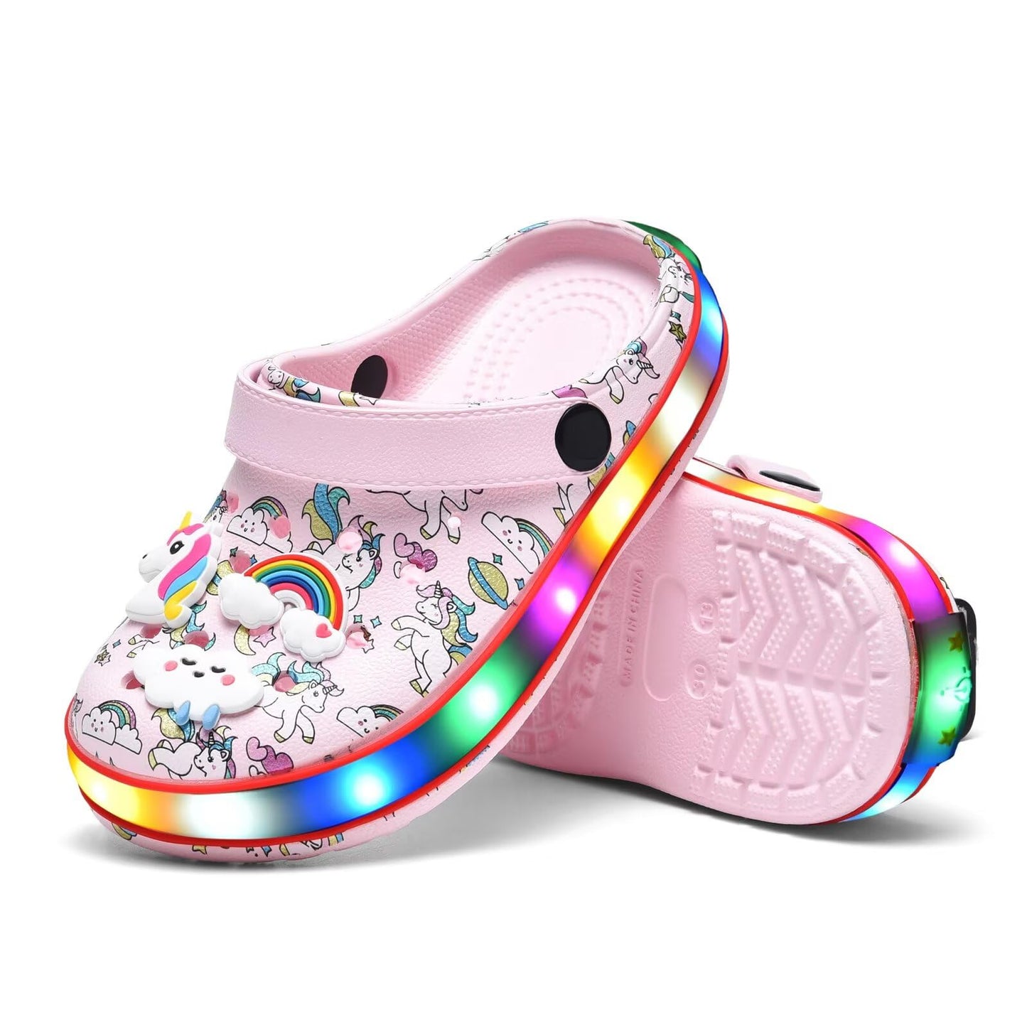 XPKWS Toddler Kids Clogs Boys Girls LED Garden Shoes Light up Sandals Slip on Quick Dry Beach Slippers (DJS-Pink