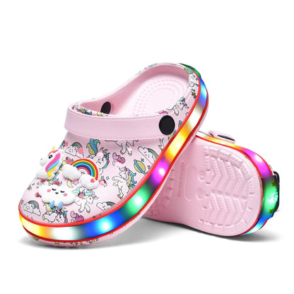 XPKWS Toddler Kids Clogs Boys Girls LED Garden Shoes Light up Sandals Slip on Quick Dry Beach Slippers (DJS-Pink