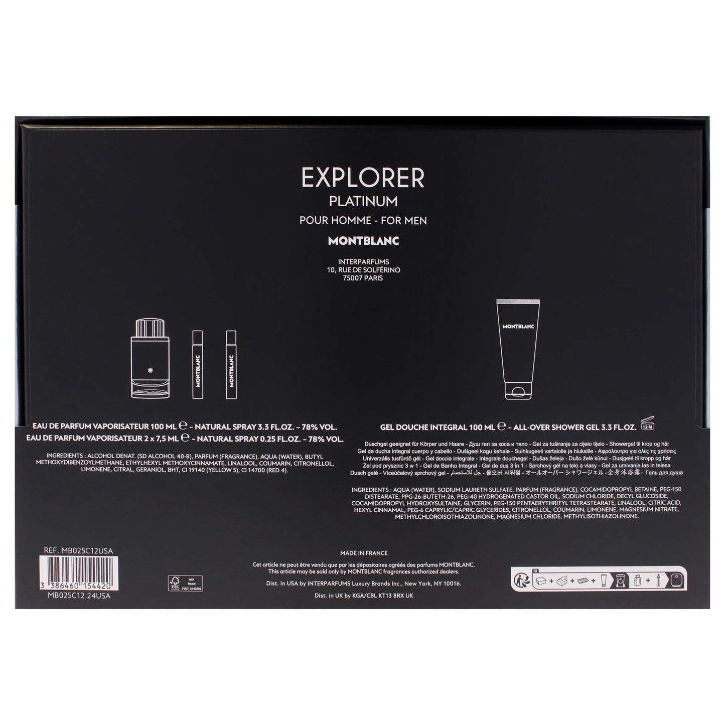 Mont Blanc Set de Regalo Explorer Platinum de 4 Piezas para Hombre (3.3 oz, 2 x 0.25 oz y 3.3 oz / EDP Spray)