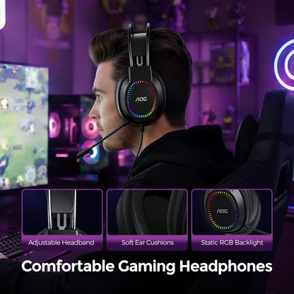 AOC Wired Gaming Headset with Mic, USB Gaming Headphone with Stereo Sound for PC/Laptop/PS4/PS5, 50mm Drivers RGB Corded Headphones for Game/Work/Music, ACG2500