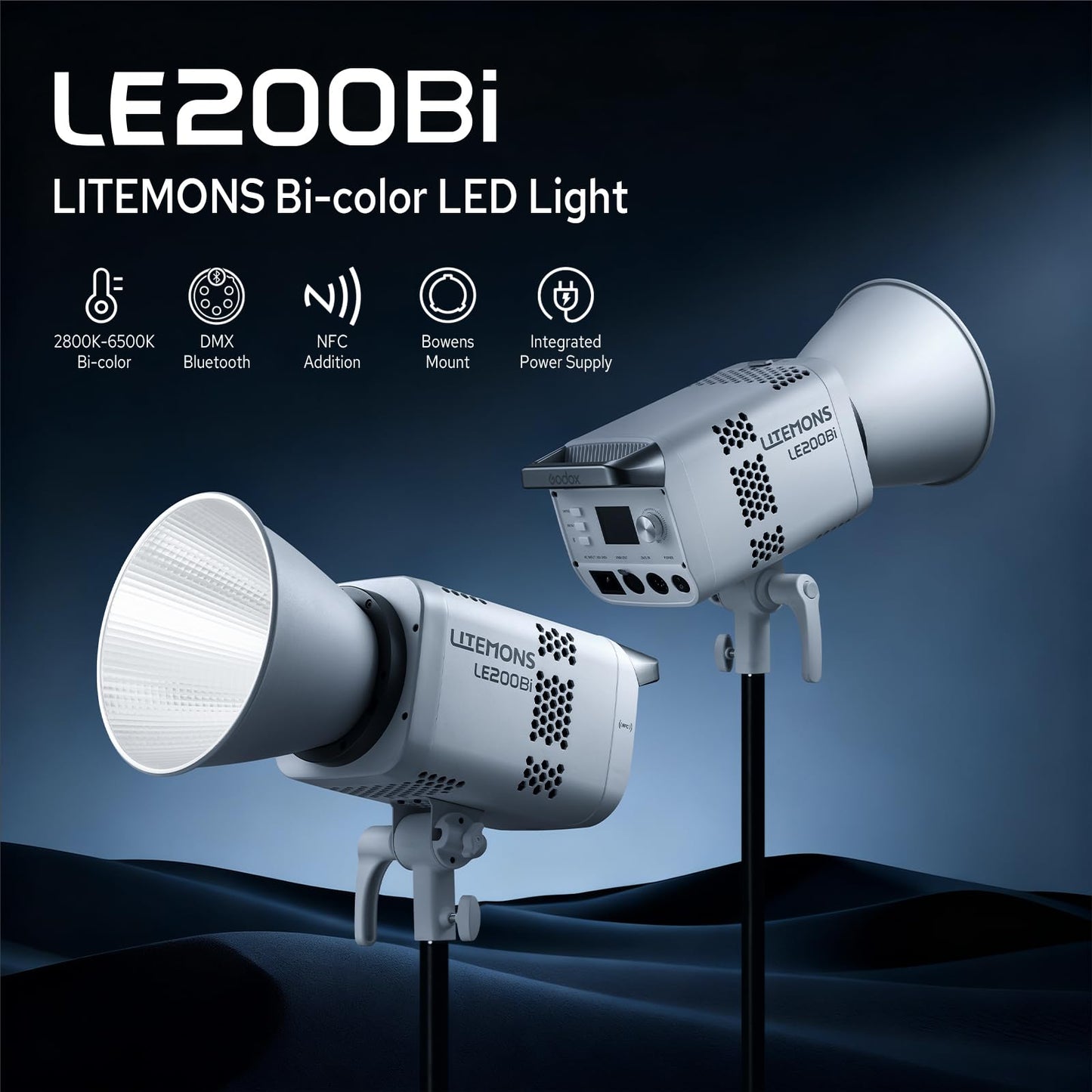 Godox Litemons LE200Bi Bicolor LED Video Light, 220W 57700Lux@1M CRI98+ Bowens Mount LED Light, Studio Bright with APP Control, 11 FX Effects, 0-100% Brightness(White)