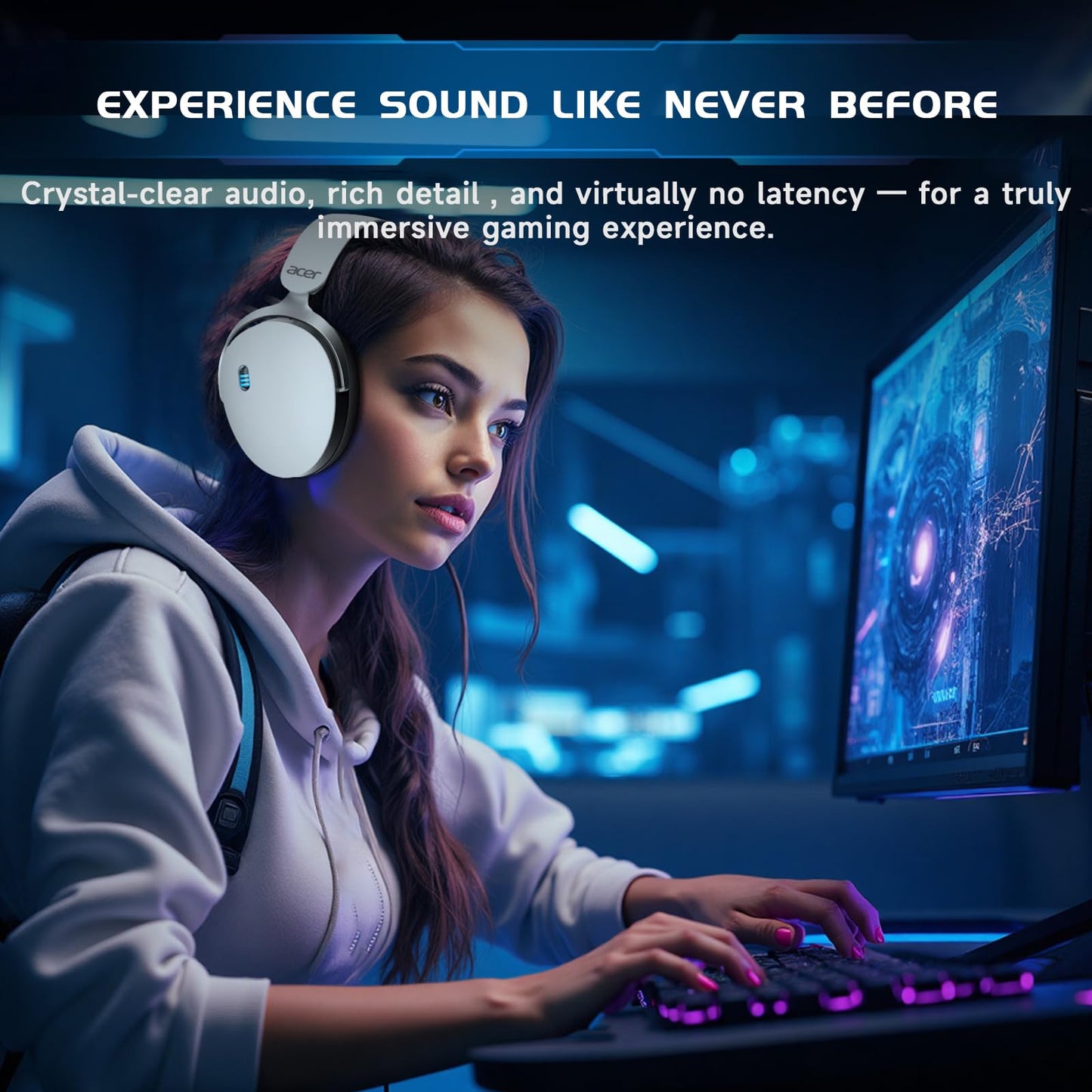 Acer 2.4GHz Wireless Gaming Headsets for PS5, PS4, PC, Switch, Tri-Mode Gaming Headphones with Noise Canceling Mic, Stereo Sound, 40+Hr Battery, 50mm Drivers - White