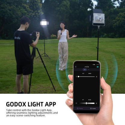 Godox LP600R RGB LED Video Light with Barndoor, 2-Pack 60W 1800K-10000K 9270Lux LED Panel Light with Light Stand, APP Control CRI96+ Studio Soft Light