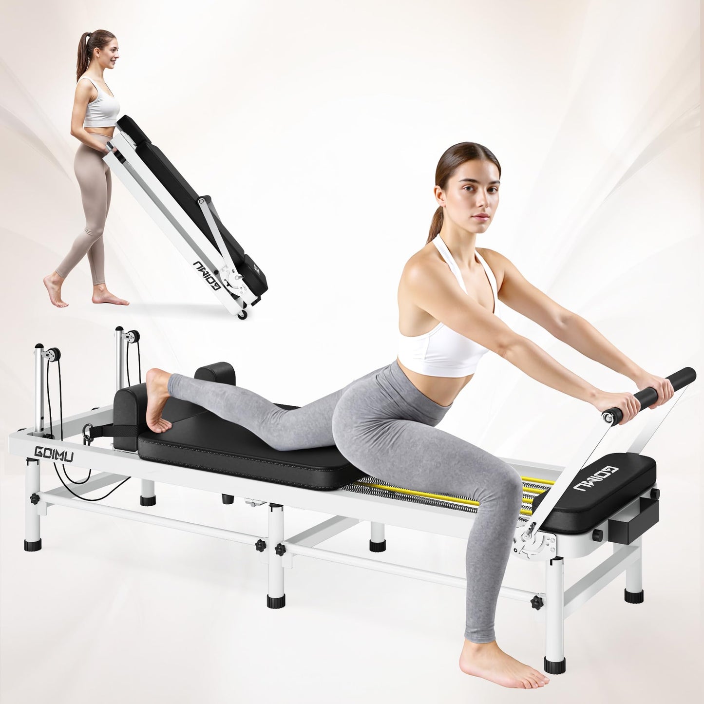 GOIMU Pilates Reformer, 91’’ Foldable Reformer Pilates Machine with High & Low Mode, 3 in 1 Pilates Equipment for Home Use with Springs and Cords
