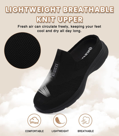 Women's Orthopedic Slip-On Mules Sneakers for Plantar Fasciitis Easy Off Recovery Backless Knit Comfortable Lightweight with Arch Support Walking Shoes for Travel, House & Office Black